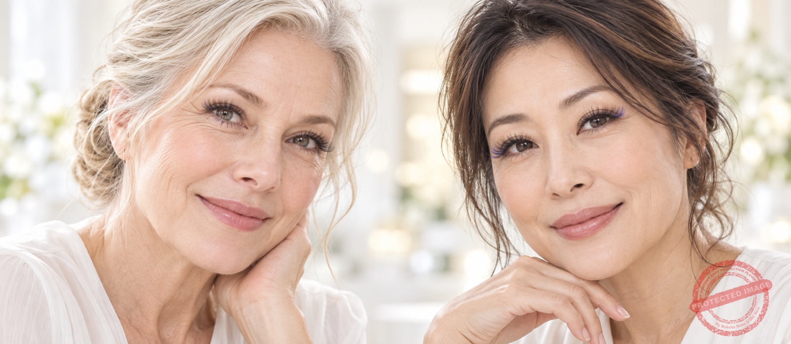Two customers posing together and smiling at the camera against a light background.
