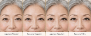 Mature woman wearing four Japanese eyelash extension styles: Natural, Elegance, Signature, and Ultra.