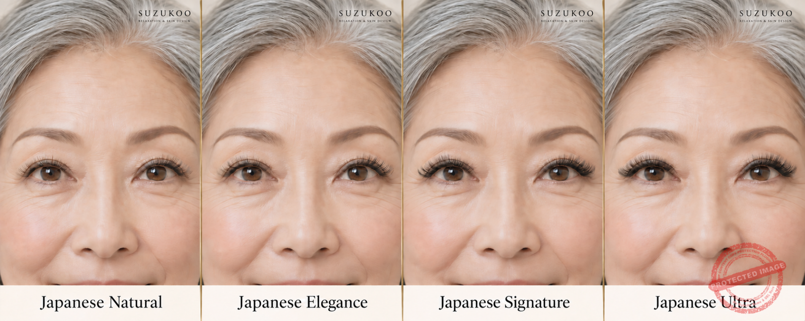Mature woman wearing four Japanese eyelash extension styles: Natural, Elegance, Signature, and Ultra.