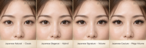 Close-up of a woman's eyes showcasing Japanese Natural — Classic lash look in a four-panel comparison panel 1/4