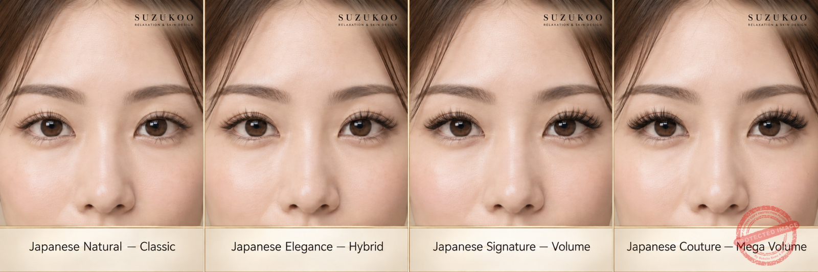 Comparison of four eyelash extension styles on a woman's eyes: Japanese Natural Classic, Japanese Elegance Hybrid, Japanese Signature Volume, Japanese Couture Mega Volume.