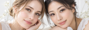 White and Asian women wearing elegant eyelash extensions with subtle purple, blue, and yellow accents.