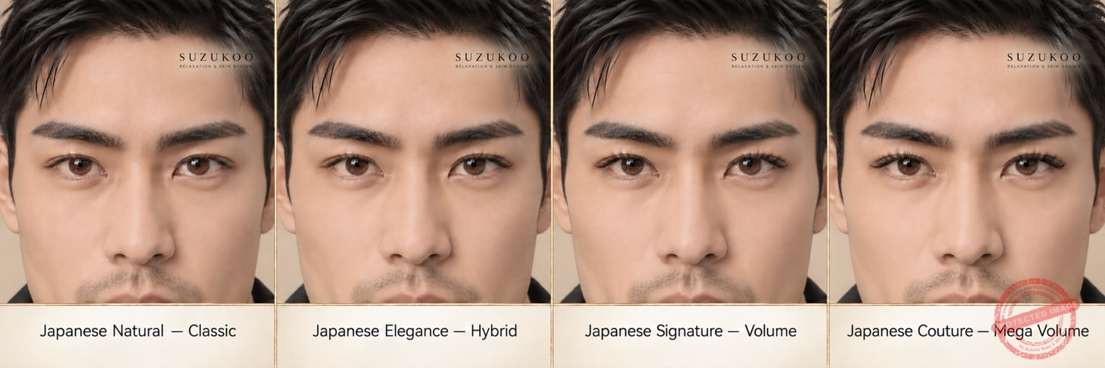 Men’s Japanese eyelash extension styles by SUZUKOO: Classic, Hybrid, Volume, and Mega Volume.